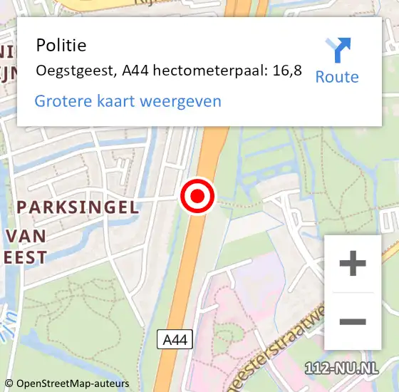 Locatie op kaart van de 112 melding: Politie Oegstgeest, A44 hectometerpaal: 16,8 op 7 juli 2022 17:19