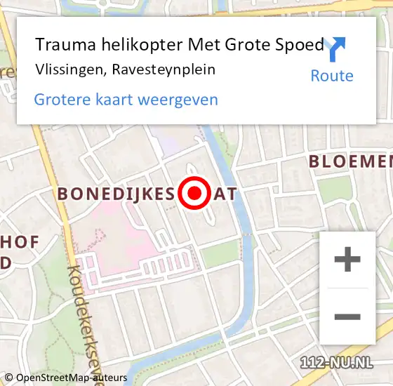 Locatie op kaart van de 112 melding: Trauma helikopter Met Grote Spoed Naar Vlissingen, Ravesteynplein op 7 juli 2022 19:57