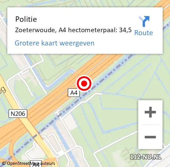 Locatie op kaart van de 112 melding: Politie Zoeterwoude, A4 hectometerpaal: 34,5 op 7 juli 2022 20:17