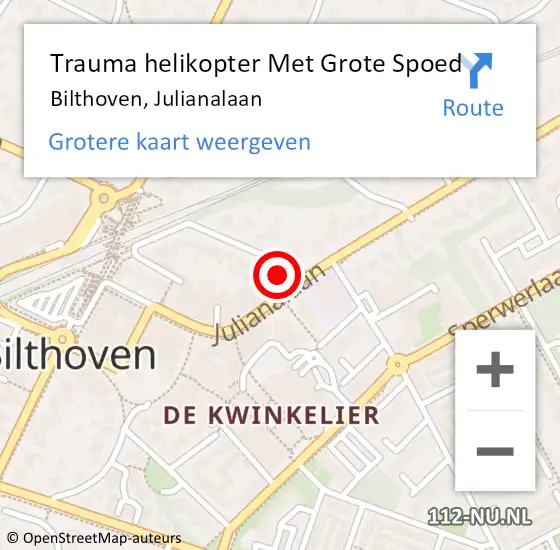 Locatie op kaart van de 112 melding: Trauma helikopter Met Grote Spoed Naar Bilthoven, Julianalaan op 7 juli 2022 22:28