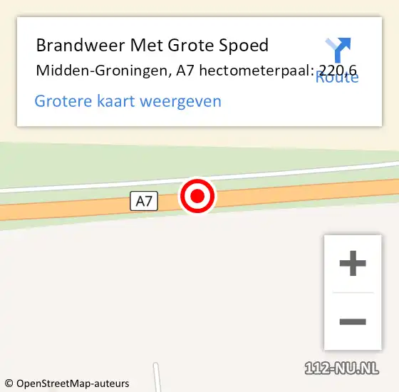 Locatie op kaart van de 112 melding: Brandweer Met Grote Spoed Naar Midden-Groningen, A7 hectometerpaal: 220,6 op 7 juli 2022 22:33