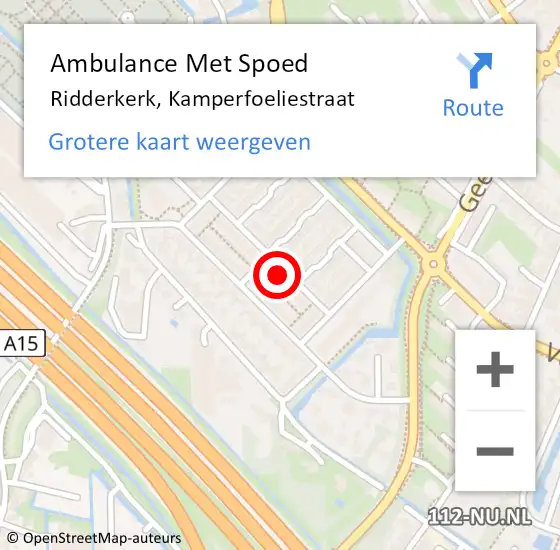 Locatie op kaart van de 112 melding: Ambulance Met Spoed Naar Ridderkerk, Kamperfoeliestraat op 8 juli 2022 04:54