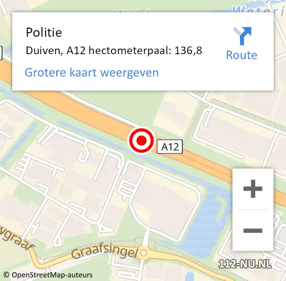 Locatie op kaart van de 112 melding: Politie Duiven, A12 hectometerpaal: 136,8 op 8 juli 2022 06:47