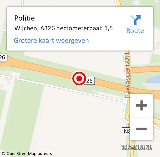 Locatie op kaart van de 112 melding: Politie Wijchen, A326 hectometerpaal: 1,5 op 8 juli 2022 06:49