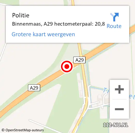 Locatie op kaart van de 112 melding: Politie Binnenmaas, A29 hectometerpaal: 20,8 op 8 juli 2022 08:57