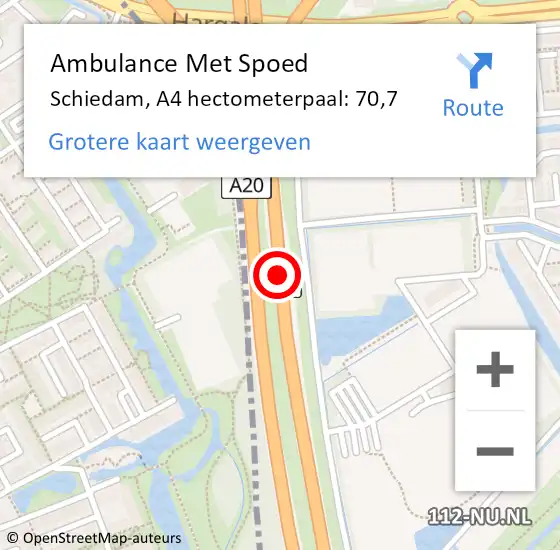 Locatie op kaart van de 112 melding: Ambulance Met Spoed Naar Schiedam, A4 hectometerpaal: 70,7 op 8 juli 2022 09:43