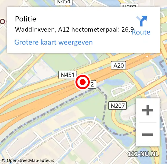 Locatie op kaart van de 112 melding: Politie Waddinxveen, A12 hectometerpaal: 26,9 op 8 juli 2022 09:51