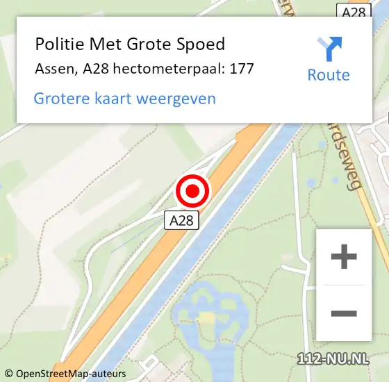 Locatie op kaart van de 112 melding: Politie Met Grote Spoed Naar Assen, A28 hectometerpaal: 177 op 8 juli 2022 11:02