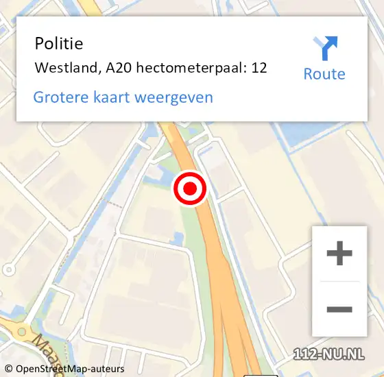 Locatie op kaart van de 112 melding: Politie Westland, A20 hectometerpaal: 12 op 8 juli 2022 11:43