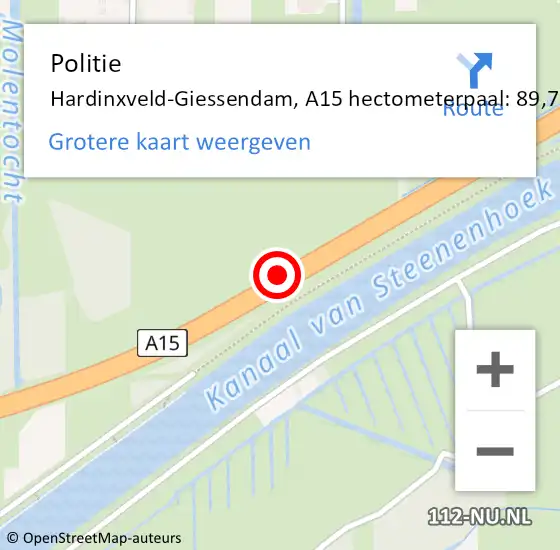 Locatie op kaart van de 112 melding: Politie Hardinxveld-Giessendam, A15 hectometerpaal: 89,7 op 8 juli 2022 14:07