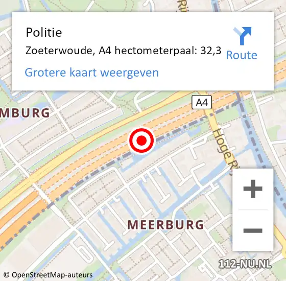 Locatie op kaart van de 112 melding: Politie Zoeterwoude, A4 hectometerpaal: 32,3 op 8 juli 2022 14:16