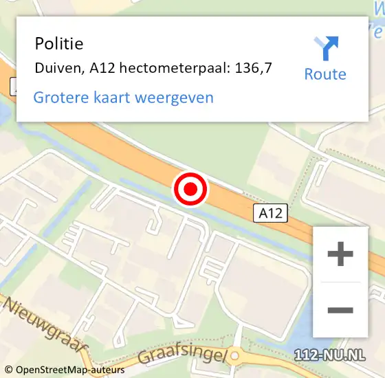 Locatie op kaart van de 112 melding: Politie Duiven, A12 hectometerpaal: 136,7 op 8 juli 2022 14:34