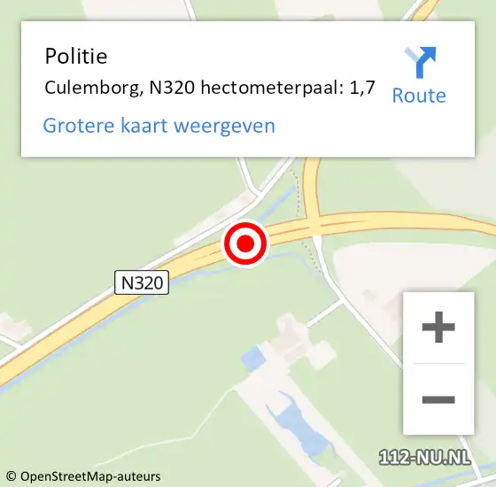 Locatie op kaart van de 112 melding: Politie Culemborg, N320 hectometerpaal: 1,7 op 8 juli 2022 14:37