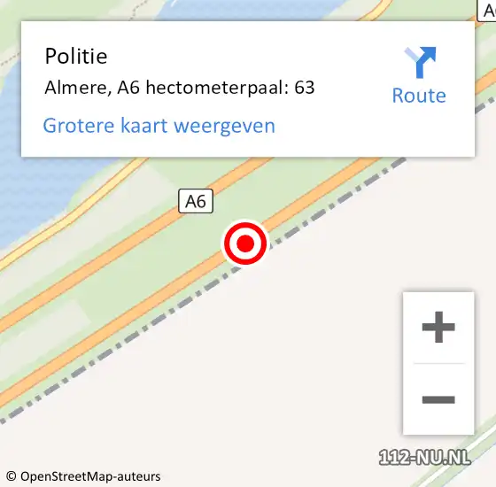 Locatie op kaart van de 112 melding: Politie Almere, A6 hectometerpaal: 63 op 8 juli 2022 14:47