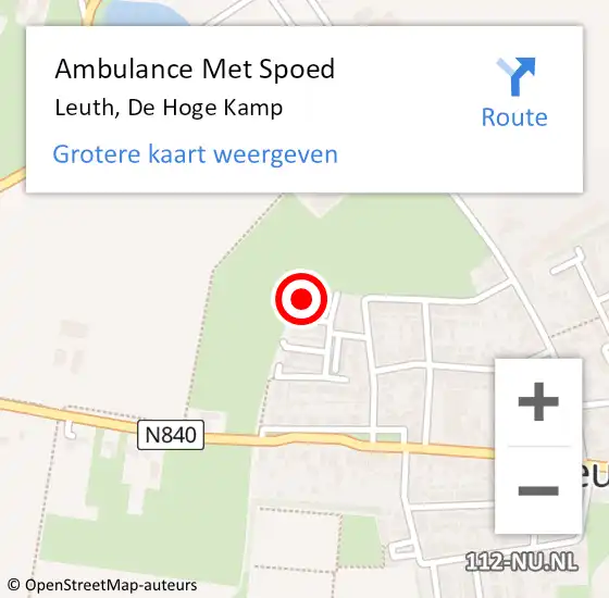Locatie op kaart van de 112 melding: Ambulance Met Spoed Naar Leuth, De Hoge Kamp op 8 juli 2022 14:54