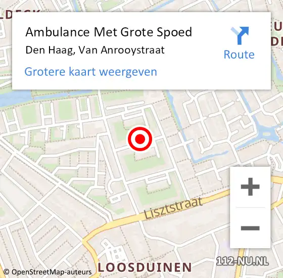 Locatie op kaart van de 112 melding: Ambulance Met Grote Spoed Naar Den Haag, Van Anrooystraat op 8 juli 2022 17:24