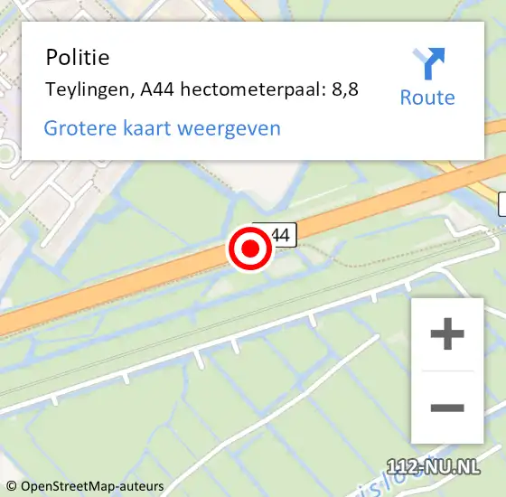 Locatie op kaart van de 112 melding: Politie Teylingen, A44 hectometerpaal: 8,8 op 8 juli 2022 18:13