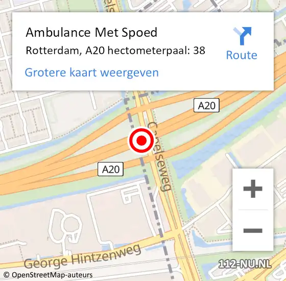 Locatie op kaart van de 112 melding: Ambulance Met Spoed Naar Rotterdam, A20 hectometerpaal: 38 op 8 juli 2022 18:22