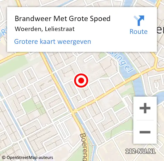 Locatie op kaart van de 112 melding: Brandweer Met Grote Spoed Naar Woerden, Leliestraat op 8 juli 2022 20:09