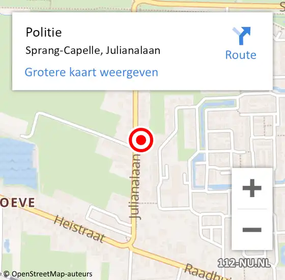 Locatie op kaart van de 112 melding: Politie Sprang-Capelle, Julianalaan op 8 juli 2022 21:08