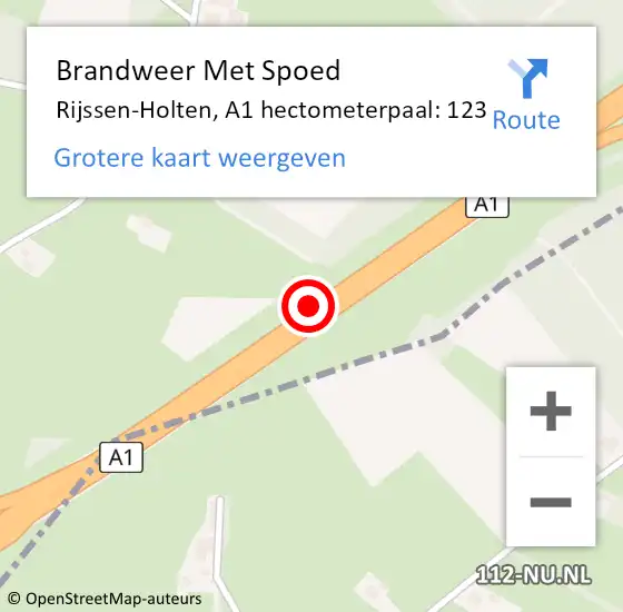 Locatie op kaart van de 112 melding: Brandweer Met Spoed Naar Rijssen-Holten, A1 hectometerpaal: 123 op 8 juli 2022 21:09