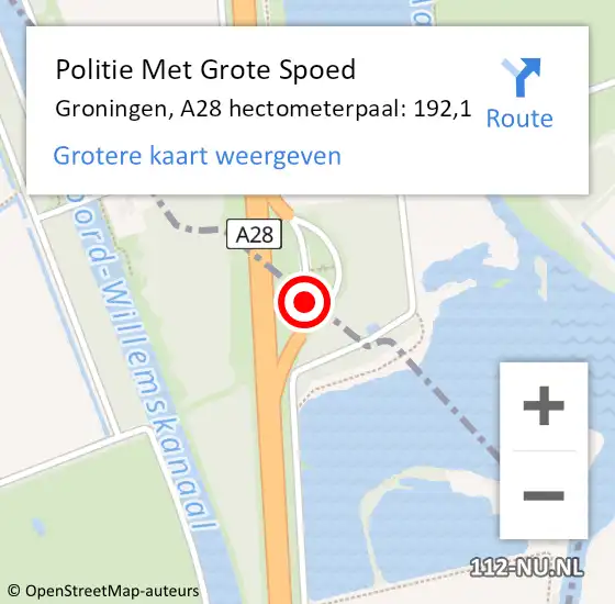 Locatie op kaart van de 112 melding: Politie Met Grote Spoed Naar Groningen, A28 hectometerpaal: 192,1 op 8 juli 2022 21:37
