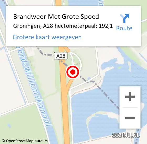 Locatie op kaart van de 112 melding: Brandweer Met Grote Spoed Naar Groningen, A28 hectometerpaal: 192,1 op 8 juli 2022 21:38