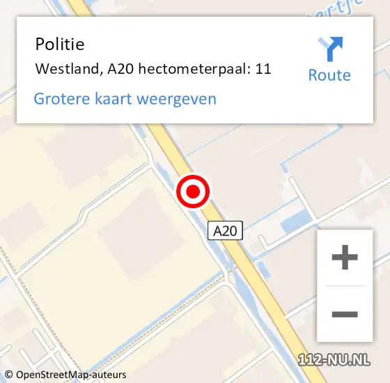 Locatie op kaart van de 112 melding: Politie Westland, A20 hectometerpaal: 11 op 8 juli 2022 22:17