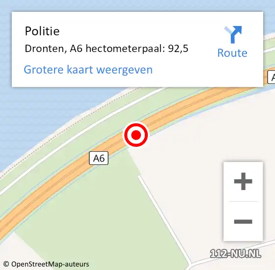 Locatie op kaart van de 112 melding: Politie Dronten, A6 hectometerpaal: 92,5 op 8 juli 2022 23:05