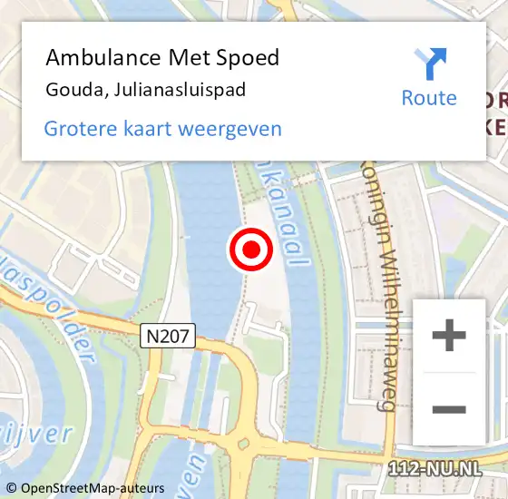 Locatie op kaart van de 112 melding: Ambulance Met Spoed Naar Gouda, Julianasluispad op 8 juli 2022 23:09