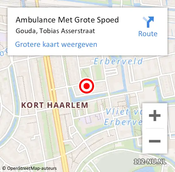 Locatie op kaart van de 112 melding: Ambulance Met Grote Spoed Naar Gouda, Tobias Asserstraat op 8 juli 2022 23:15