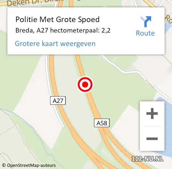 Locatie op kaart van de 112 melding: Politie Met Grote Spoed Naar Breda, A27 hectometerpaal: 2,2 op 9 juli 2022 00:13
