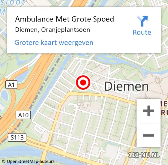 Locatie op kaart van de 112 melding: Ambulance Met Grote Spoed Naar Diemen, Oranjeplantsoen op 9 juli 2022 03:14