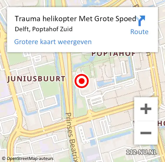 Locatie op kaart van de 112 melding: Trauma helikopter Met Grote Spoed Naar Delft, Poptahof Zuid op 9 juli 2022 03:30