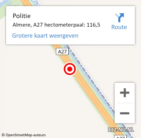 Locatie op kaart van de 112 melding: Politie Almere, A27 hectometerpaal: 116,5 op 9 juli 2022 04:11