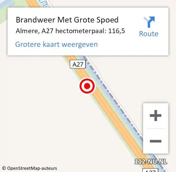 Locatie op kaart van de 112 melding: Brandweer Met Grote Spoed Naar Almere, A27 hectometerpaal: 116,5 op 9 juli 2022 04:11
