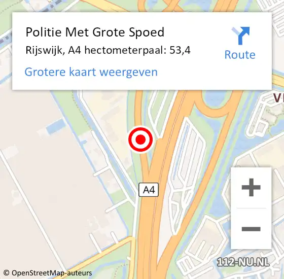 Locatie op kaart van de 112 melding: Politie Met Grote Spoed Naar Rijswijk, A4 hectometerpaal: 53,4 op 9 juli 2022 05:58