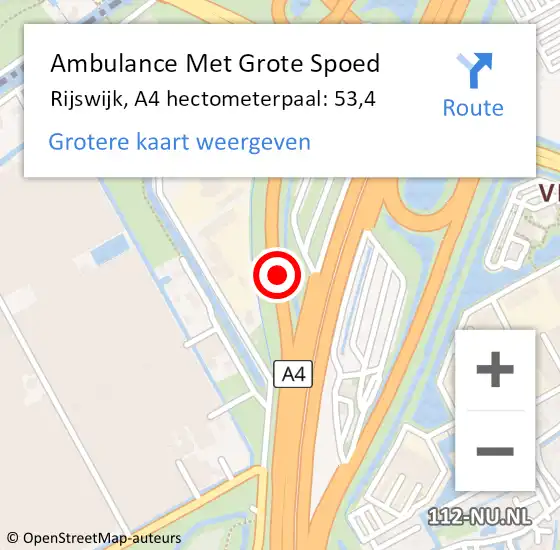 Locatie op kaart van de 112 melding: Ambulance Met Grote Spoed Naar Rijswijk, A4 hectometerpaal: 53,4 op 9 juli 2022 06:02