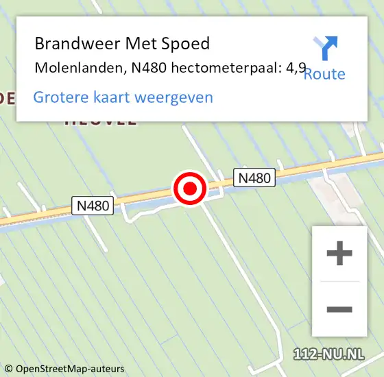 Locatie op kaart van de 112 melding: Brandweer Met Spoed Naar Molenlanden, N480 hectometerpaal: 4,9 op 9 juli 2022 11:53