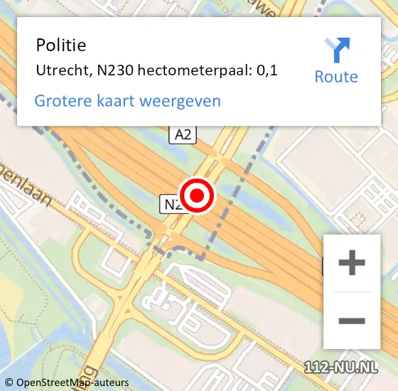 Locatie op kaart van de 112 melding: Politie Utrecht, N230 hectometerpaal: 0,1 op 9 juli 2022 12:47