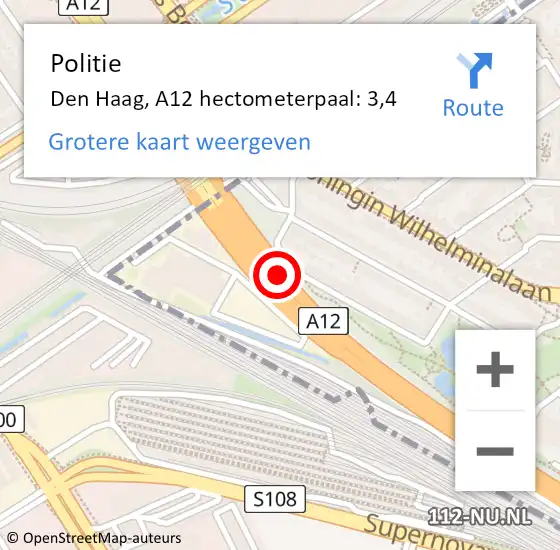 Locatie op kaart van de 112 melding: Politie Den Haag, A12 hectometerpaal: 3,4 op 9 juli 2022 12:57