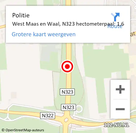 Locatie op kaart van de 112 melding: Politie West Maas en Waal, N323 hectometerpaal: 1,6 op 9 juli 2022 13:12