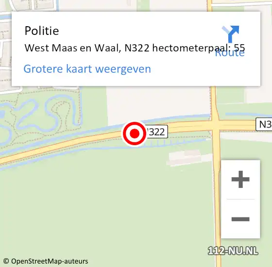 Locatie op kaart van de 112 melding: Politie West Maas en Waal, N322 hectometerpaal: 55 op 9 juli 2022 14:15