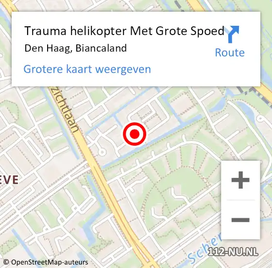 Locatie op kaart van de 112 melding: Trauma helikopter Met Grote Spoed Naar Den Haag, Biancaland op 9 juli 2022 15:23