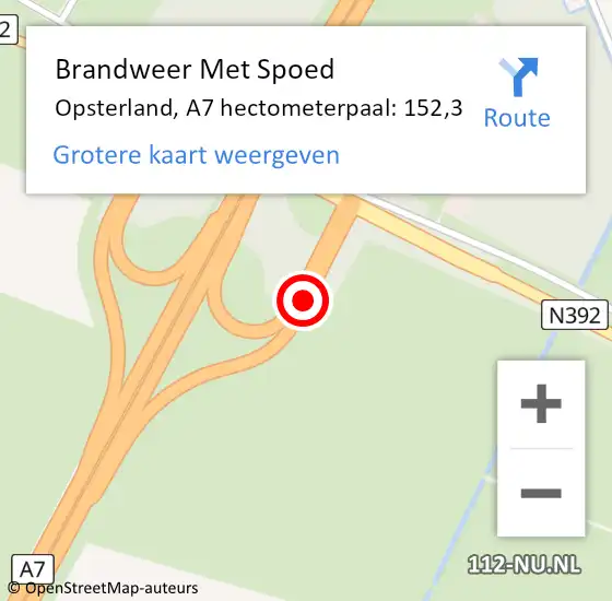 Locatie op kaart van de 112 melding: Brandweer Met Spoed Naar Opsterland, A7 hectometerpaal: 152,3 op 9 juli 2022 16:40