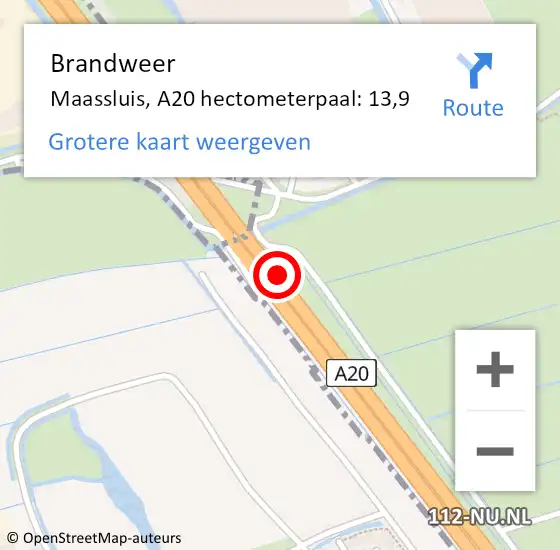 Locatie op kaart van de 112 melding: Brandweer Maassluis, A20 hectometerpaal: 13,9 op 9 juli 2022 18:01