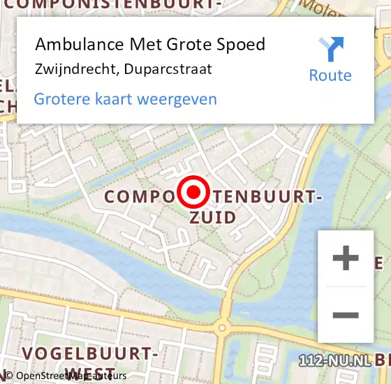 Locatie op kaart van de 112 melding: Ambulance Met Grote Spoed Naar Zwijndrecht, Duparcstraat op 9 juli 2022 19:16