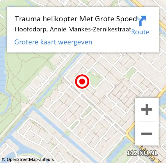 Locatie op kaart van de 112 melding: Trauma helikopter Met Grote Spoed Naar Hoofddorp, Annie Mankes-Zernikestraat op 9 juli 2022 20:03