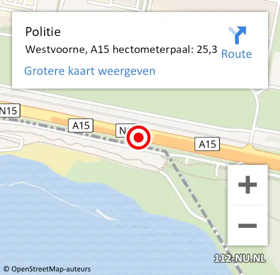 Locatie op kaart van de 112 melding: Politie Westvoorne, A15 hectometerpaal: 25,3 op 9 juli 2022 20:04