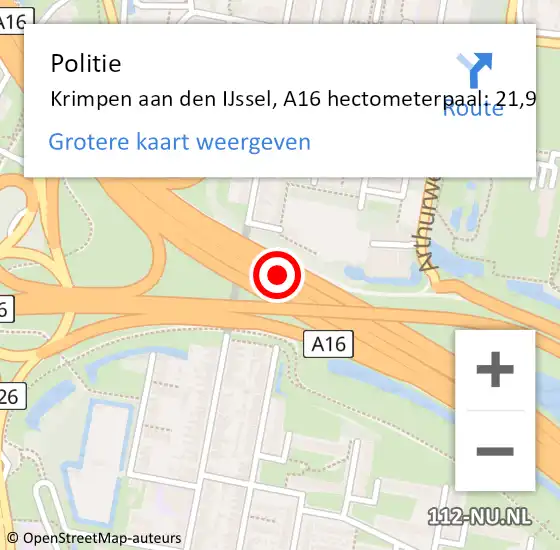 Locatie op kaart van de 112 melding: Politie Tynaarlo, A16 hectometerpaal: 21,9 op 9 juli 2022 20:14